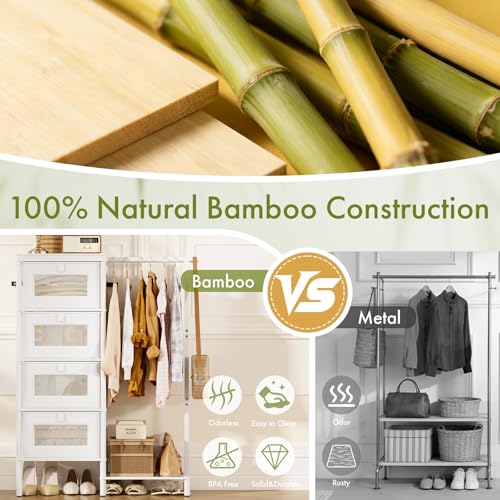 Image of Bamboo Dresser with Hanging Rack, 4-Drawer Small Closet Organizer for Bedroom, Tall Storage Tower with Clothes Rack, Natural Wood 41.4 inchH x 31.3 inchW-Space-Saving Design, Easy Assembly (white)