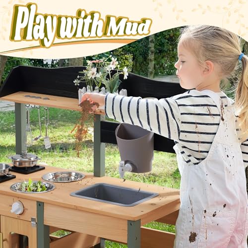 Image of ROBOTIME Mud Kitchen for Kids Outdoor, Wood Outdoor Kitchen with Insect Observation Box & Planter Box, Toddler Play Kitchen with Removable Sink & Faucet, Pretend Outdoor Playset