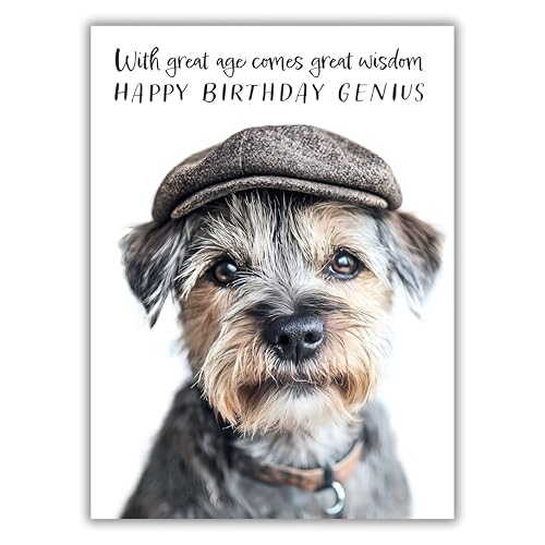 Noel Tatt Funny Birthday Card for Him - Humorous Dog in Flat Cap with Wise Age Joke - Happy Birthday Card for Dad, Brother, Friends, Son or Male Family Member