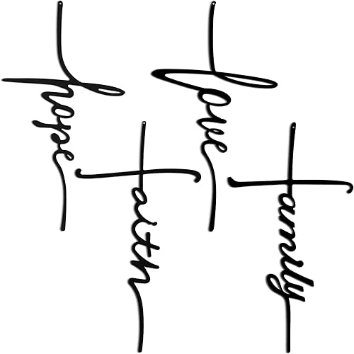 Hotop 4 piezas de decoración de pared con cruz de amor, fe, esperanza, familia, decoración de pared de metal, cruz de Pascua, religiosa, espiritual,