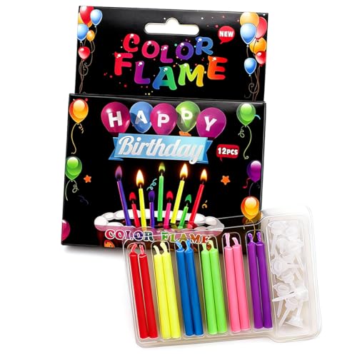 NiceNaiils 12 Velas de Cumpleaños con Llamas de Colores, Velas para Tarta de Cumpleaños Creativas, Incluye Soporte, Decoración de Fiesta y Aniversario, Llamas Multicolores Mágicas