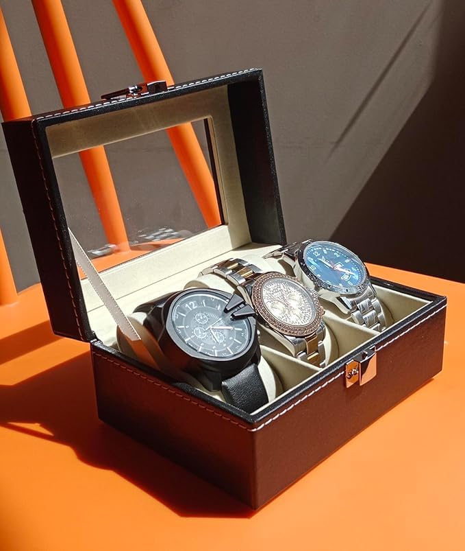 Image of Faux Leather Finish 3 Slot Cavity Wrist Watch Storage Box Display Case Organizer with Glass Window