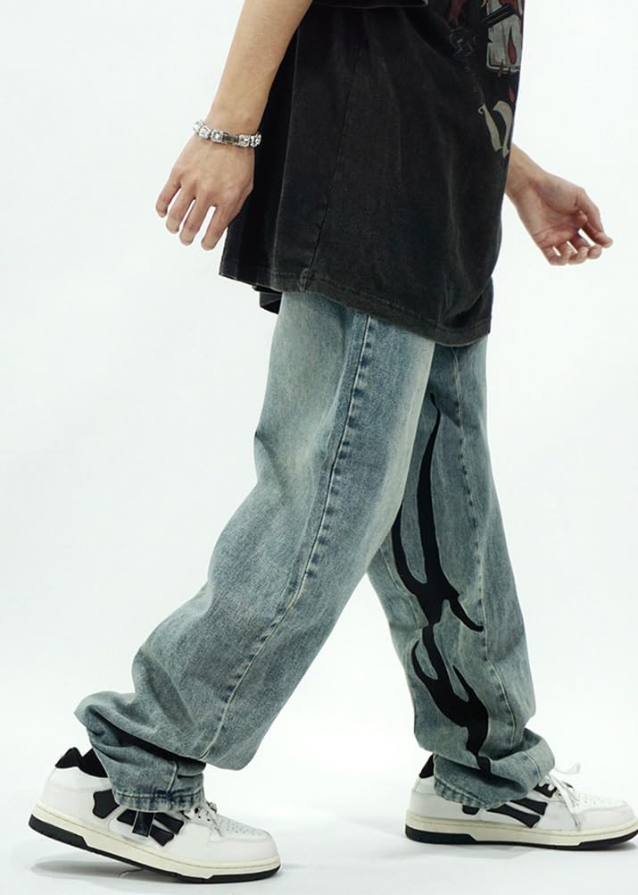 ORANDESIGNE Herren Jeans Baggy Jeans Hip Hop Straight Leg Gewaschen Jeanshose Casual Denim Hosen Vintage Bedruckte Jeans Teenager Skateboard Hose Streetwear