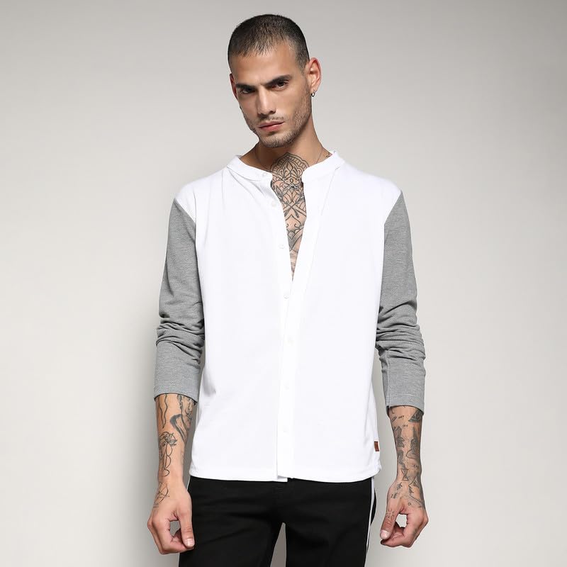 Image of Campus Sutra Men's White & Grey Colourblocked Button Up Regular Fit Regular Fit Shirt for Casual Wear | Cotton Shirt Crafted with Regular Sleeve, Comfort Fit & High-Performance for Everyday Wear