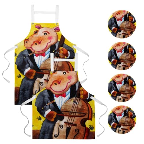 Lot de 2 tabliers de cuisine avec 4 broches motif hippopotame guitare