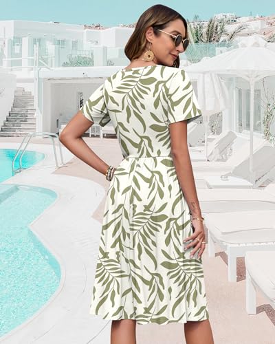 Image of WNEEDU Women V Neck Button Down Empire Waist Midi Summer Dress with Pockets