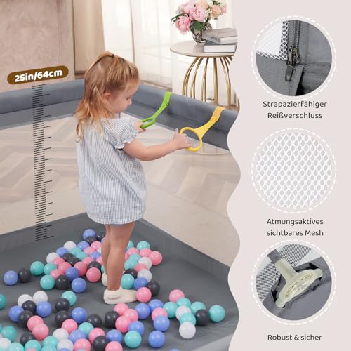 Dripex Laufstall Baby 150x180cm, Laufgitter Baby, Laufstall mit atmungsaktivem Netz, Laufgitter 210D Oxford Gewebe, Playpen, kinderlaufstall, Große Sicherheitsspielplatz, Grau