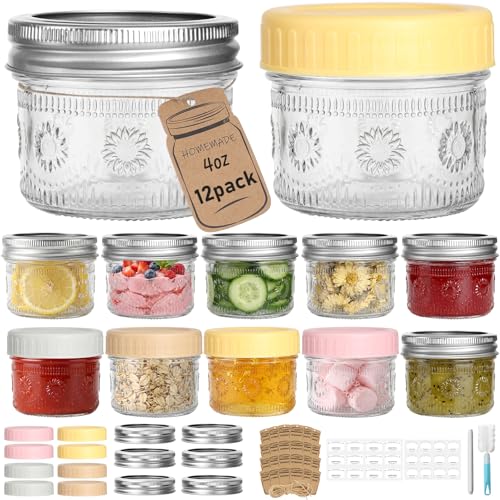 CycleMore 4oz Sunflower Glass Jars 12-Pack with 2 Types of Airtight Lids