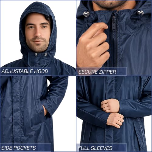 Image of ROCKSPORT Water Proof Long Rain Coat With Adjustable Hood For Mens - Blue