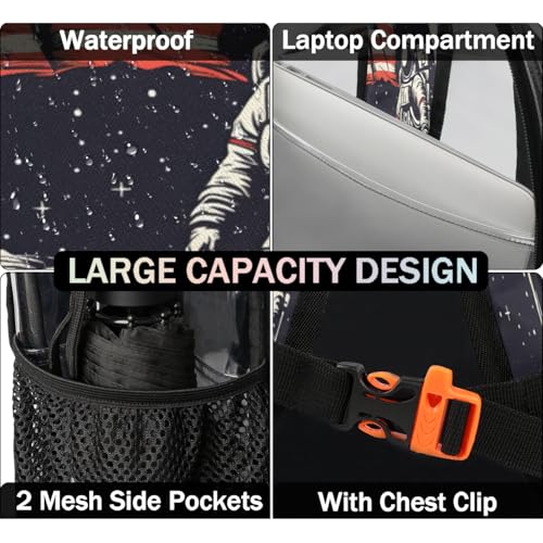 American Flag Clear Backpack for Stadium Events, Planets Astronaut Waterproof Clear Bag for Women Men Adult Sport Work Daily Music Festival and Concerts3