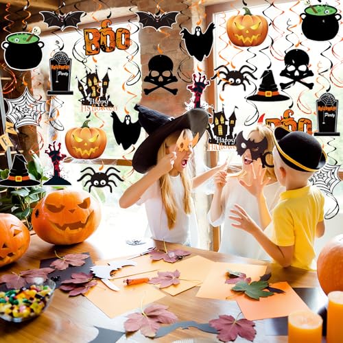 Image of PartyGarden Halloween Hanging Swirl Decorations - 36 Pcs Hanging Spooky Ceiling Decor with Ghost, Pumpkin, Skull for Home, Office, Party