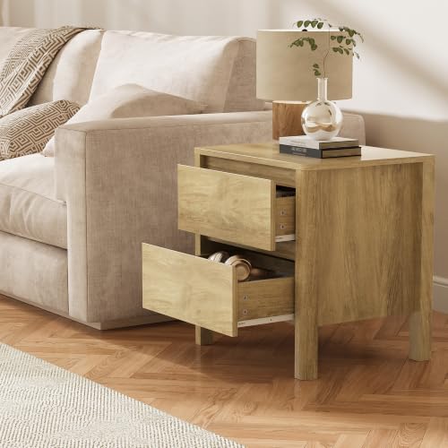 Image of MAISONARIA Oak Nightstands Set of 2, Mid Century Modern Bedside Table with Hidden Handles and Wood Legs, Wooden End Table with 2 Drawers for Bedroom