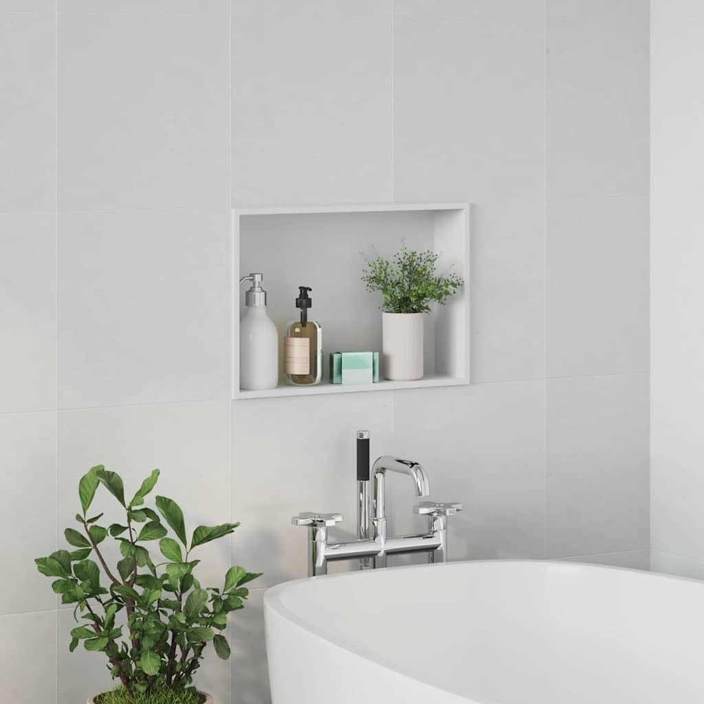 Nicchia doccia bianca in acciaio inox 45 x 30 x 9,5 cm con pratico paraspruzzi per cabina doccia e vasca, inclusi accessori di montaggio per bagno zona bagnata e accessori sanitari