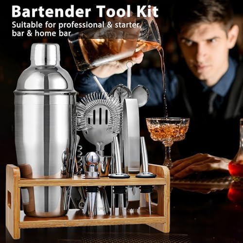 Cocktail Shaker Set Bartender Kit, Godmorn 15Pcs Bartender Shaker Set, 304 Stainless Steel Martini Shaker and Strainer, Bar Tool Set with Bamboo Stand, Recipe Book, for Home and Bar Party - Thumbnail 4