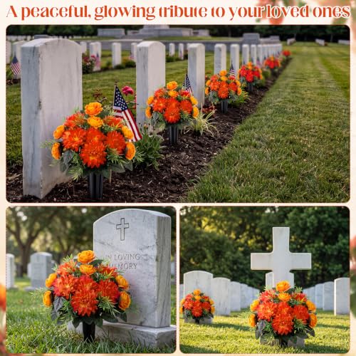 Image of 4 Set Fall Cemetery Flowers for Grave Artificial Dahlia with Vase