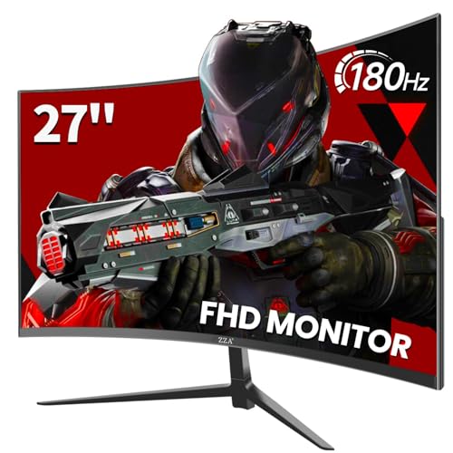 ZZA Gaming Monitor 27 Inch Curved 180Hz| 165Hz|144Hz|1ms| Computer Monitor FHD|1080P| 90% DCI-P3,100% sRGB,PC Monitor FreeSync| HDMI|HDR|Low Blue Light| HDMI|DP Ports| VESA Mount| Metal Stand
