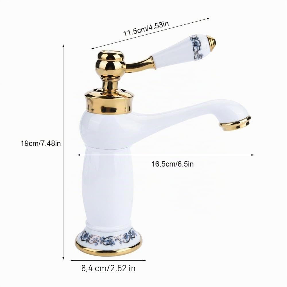 Grifo De Cerámica Para Lavabo De Baño, Cuello Largo, Grifo De Cocina Retro, Agua Fría Caliente (Blanco)