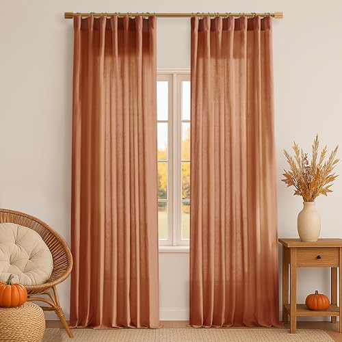 Image of XTMYI Burnt Orange Curtains 2 Panels 84 Inches Long for Bedroom,Boho Back Tab Hooks Pleated Linen Sheer Pumpkin Color Fall Curtains for Living Room