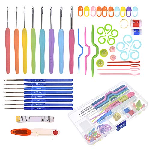 KKmoon Conjunto de 53 unidades de ganchos de crochê com estojo de armazenamento Alças ergonômicas Kit de gancho de crochê Agulhas de tricô Kits de fios de tecer DIY Ferramentas manuais de arte para t