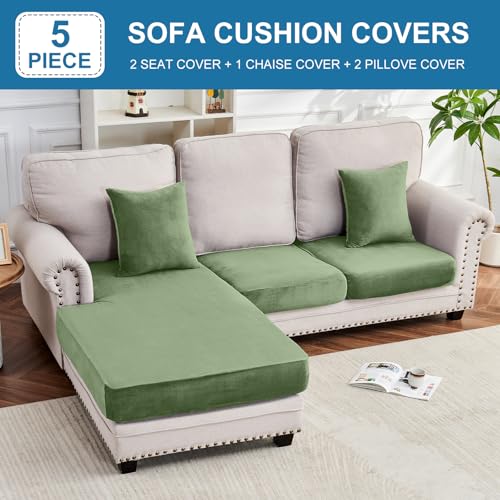 Image of Couch Cover 3-Piece Elastic Velvet Couch Cushion Covers & Chaise Slipcovers for L-Shaped Sofas, Sofa Seat Covers Washable, Soft Cover for Couches (2 Seater + Chaise, Avocado Green)