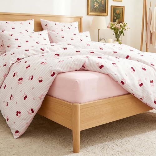 Image of Nayoroom Pink Striped Bow Duvet Cover Queen Size Red Cherry Duvet Cover 3 Pieces Soft Lightweight Microfiber Girls Cute Aesthetic Dorm Bedding Set with Zipper Closure