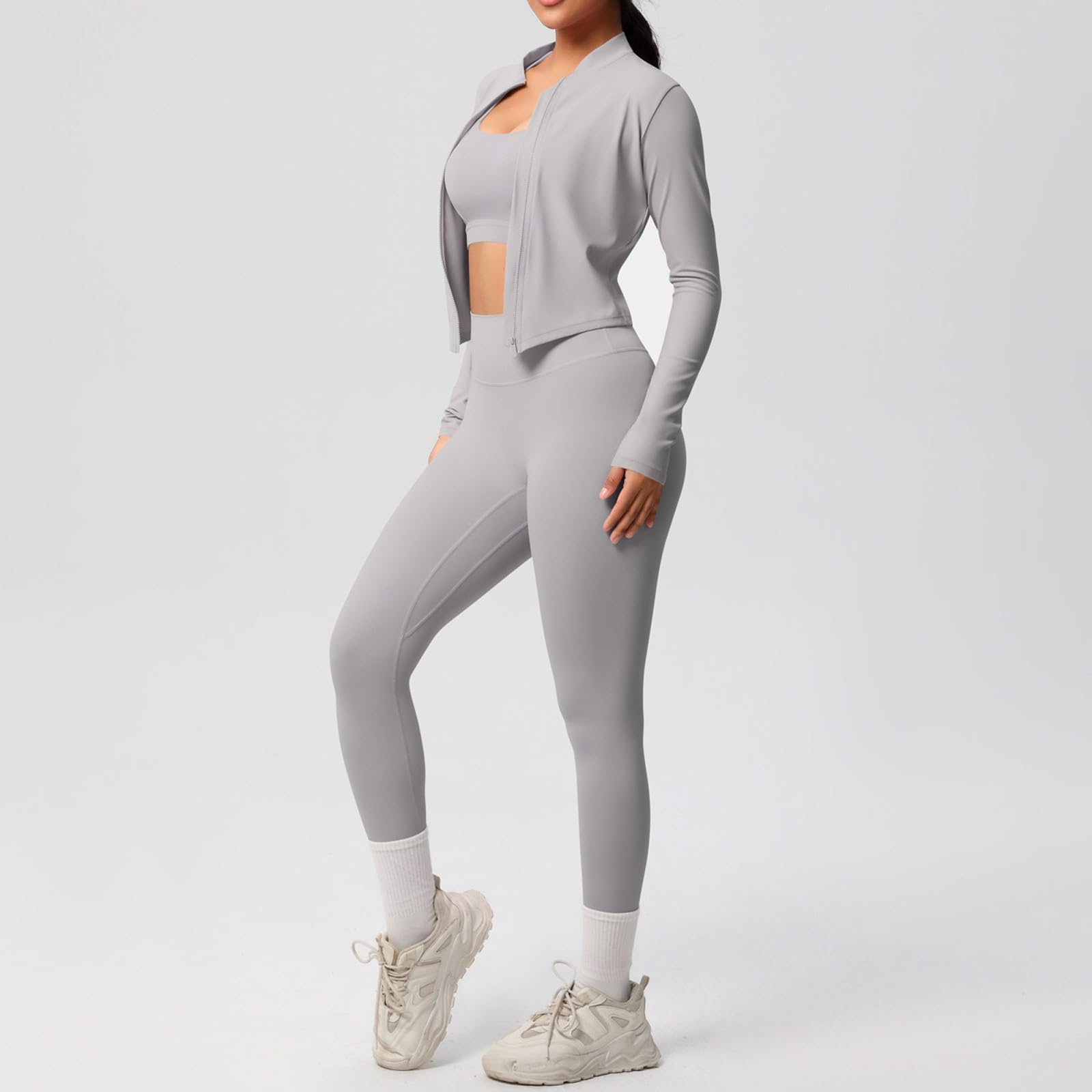 Traje de yoga para mujer de 3 piezas con chaqueta deportiva, chaqueta corta, leggings de manga corta, camiseta de tirantes, ropa deportiva, ropa deportiva a la moda, traje deportivo cómodo