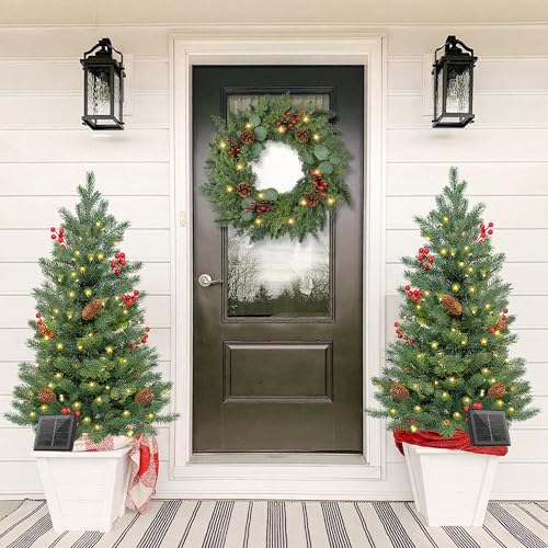 Christmas Wreath with Lights 24 Inch Real Touch Pine Wreath with Red Berries/Pine Cone Prelit Christmas Wreaths for Front Door Outdoor Christmas Decorations Winter Wreath for Windows Indoor Holiday - image 8