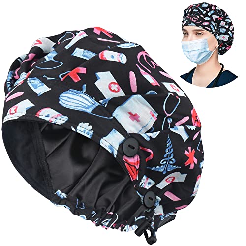 Image of Bouffant Caps with Button and Sweatband, Adjustable Scrub Caps for Women Men, One Size Multi Color
