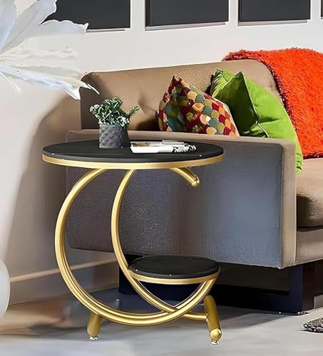Image of Simple Sofa Side Cabinet Bedside Table Round Tea Table Elegant Coffee Table for Living Room with Balcony Contemporary Accent Corner Table End Table (Black & Gold)