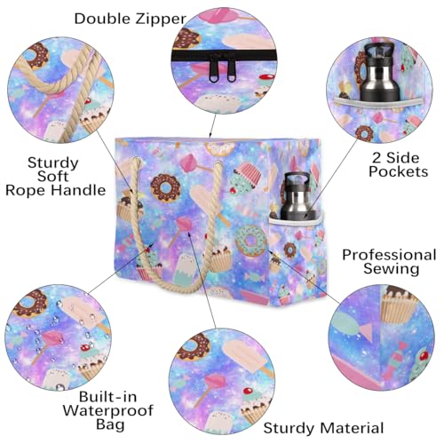 Fantasy Cakes Beach Bag for Women Waterproof Sandproof Tote with Zipper Cotton Rope Handles for Travel Pool Gym Shopping3