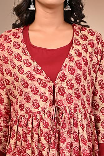 Image of KANNAHI Women Pure Cotton Printed Straight Calf Length Regular Jaipuri Kurta and Shrug Set with Floral Print for Womens & Girls Grey