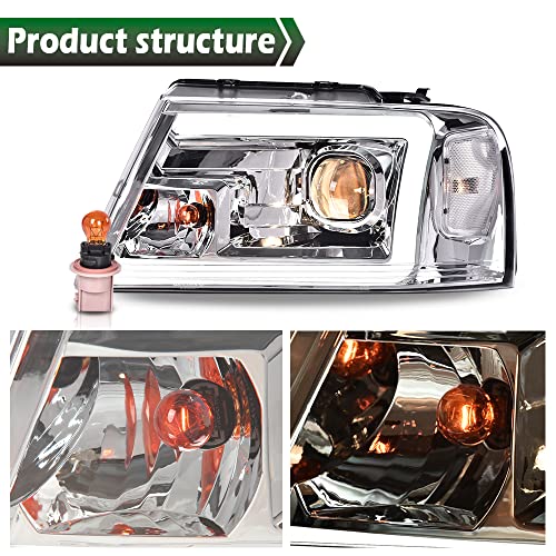 Image of GRAND ORANGE LED DRL Headlights Assembly Compatible with Ford F150 2004-2008 / Fit 2006-2008 Lincoln Mark Lt (NOT Fit 2004 F150 Heritage /Flareside Beds) Clear Lens Chrome Housing Clear Reflector
