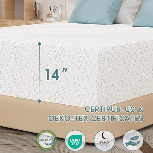 Image of 14 inch Full Size Mattress, Medium Feel Memory Foam Mattress in a Box | Medium Firm, Made in USA, Pressure Relieving, Cooler Sleep, Fiberglass Free, CertiPUR-US Certified, Washable Removable Cover