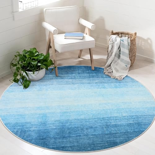 Image of Wonnitar Modern Ombre Round Kids Rug 4ft, Washable Blue Bedroom Circle Area Rug, Non-Slip Soft Bathroom Throw Carpet, Non-Shedding Gradient Low Pile Kids Rugs for Bedside Entry (Blue, Round 4ft)