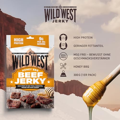 Wild West Beef Jerky, 300g Honey BBQ Rindfleisch, Beef Jerky high Protein Trockenfleisch, Protein Snack