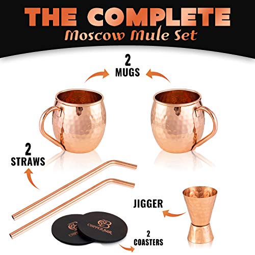 Copper-Bar Moscow Mule Copper Mugs - Set Of 2 - 100% Handcrafted Pure Solid Copper Mugs - 16 Oz Gift Set With Cocktail Copper Straws, Jigger & 2 Coasters #TOP5