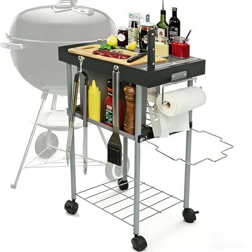 Rolling Grill Side Table Cart for 18'/22' Weber Charcoal Kettle Grills - Outdoor Prep Stand with Wheels, Mesh Storage Racks for Backyard BBQ, Camping, Parties