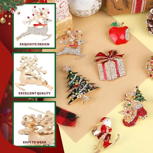 Image of 12PCS Christmas Brooches, Rhinestone Crystal Pins for Women | Christmas Trees Snowman Socks Design, Sparkling Christmas Jewelry Gift for Girls, Holiday Party Ladies Accessories