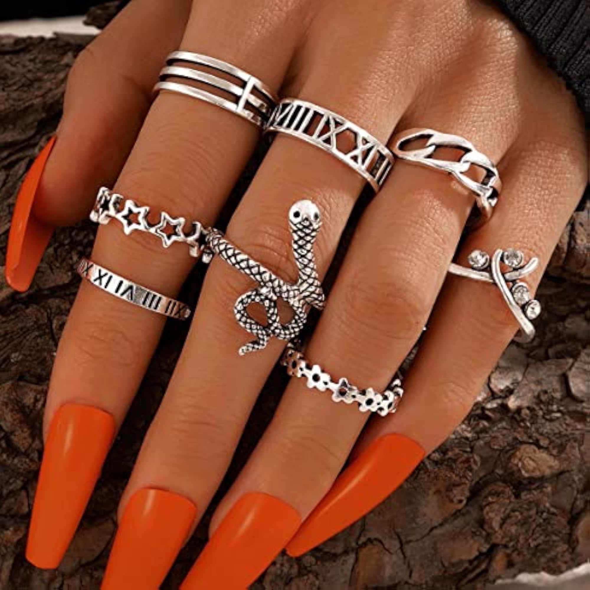 Silver Plated Snake Stackable Rings Set of 9