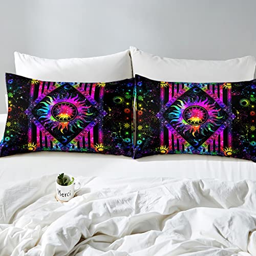 Sun And Moon Sheet Set, Rainbow Tie Dye Bed Sheets Psychedelic Hippie Trippy Galaxy Bedding Aesthetic Celestial Astrology Flat Sheet Cosmic Constellation Zodiac Fitted Sheet, Black Bedroom Decor 4Pcs #TOP4