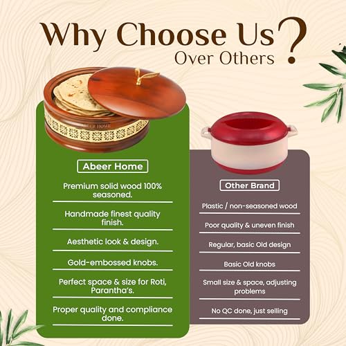 Image of Handcrafted Premium Wooden Roti Casserole, Roti Box, Chapati Box, Hotpot roti Box with Gold Leaf Knob with Lid (9x9x4 Inch)