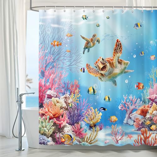 Dazzlewall Sea Turtle Shower Curtain, Blue Ocean Coral Reef Tropical Fish Bathroom Curtain Waterproof Mould Resistant Fabric with 12 Hooks, 180 x 180 cm