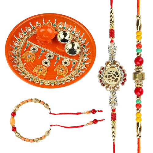 Rakhi Thali Plate Platter with Bhai Bhabhi Rakhi Lumba Dora Family Pack Set of 4 Rakhi Puja Thali with Pooja Rakhi Thread for Brother Sister Raksha Bandhan Gift Set Pooja Rituals (Plate Size- 9