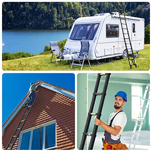 Telescoping Ladder 12.5 Ft With 2 Detachable Roof Hooks Aluminum Telescopic Extension Ladder With 2 Triangle Stabilizers, Multi-Purpose Collapsible Ladder For Household And Outdoor Working #TOP6