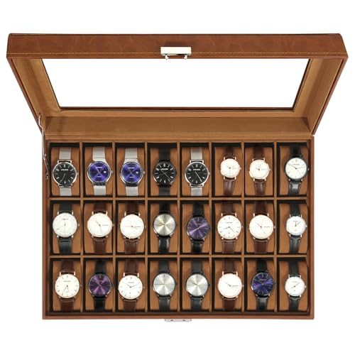 Uten Caja de Relojes con 24 Compartimentos, Caja para Reloje PU, Cerradura con Llave, Tapa Vidrio, Forro Terciopelo Marrón, para Exhibición y Almacenamiento Relojes Joyería