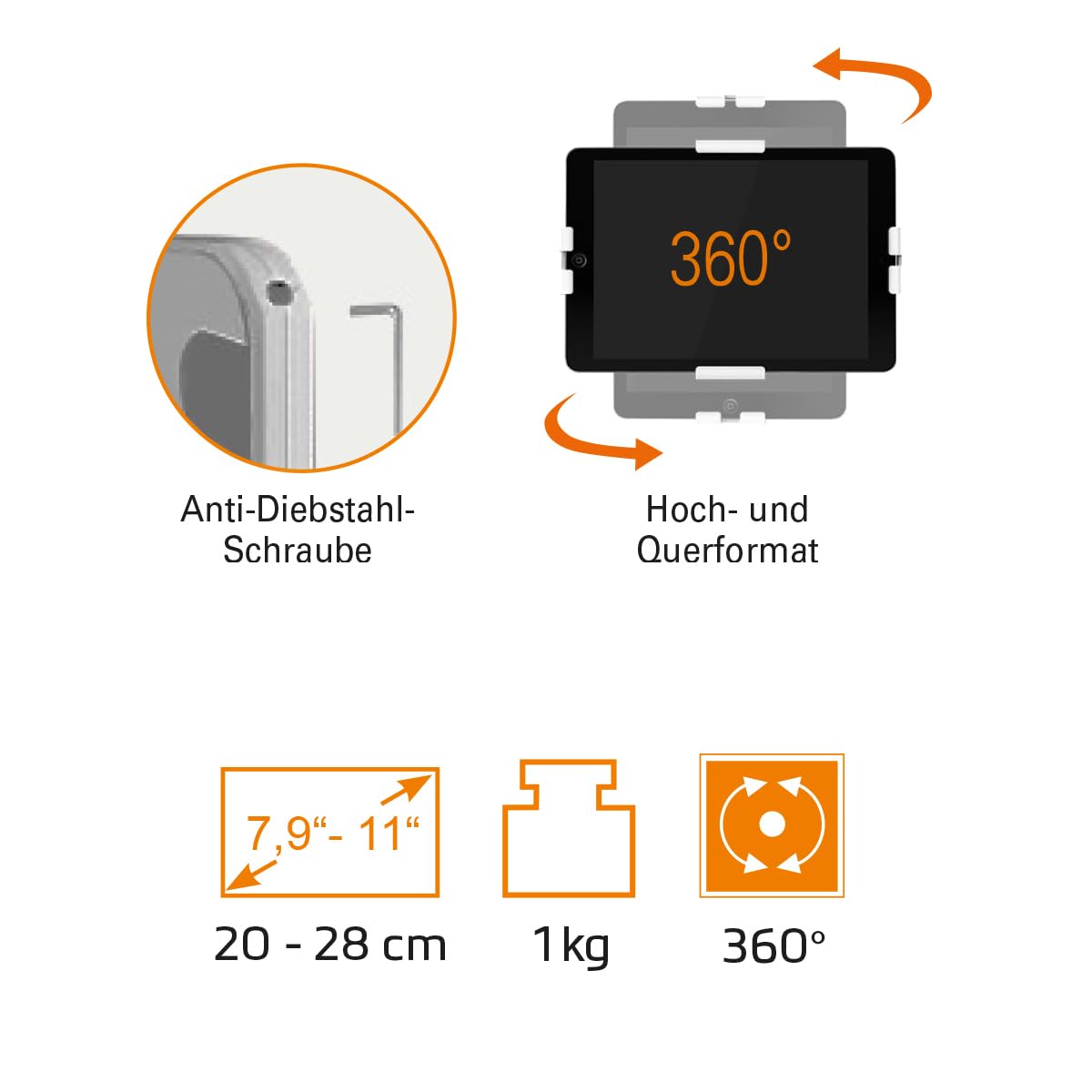 my wall HT37L uchwyt ścienny na tablety z ochroną przed kradzieżą, uchwyt ścienny na tablet, stojak na iPada, tablet, punkt informacyjny do stoiska targowego, poczekalni lub muzeów, obciążenie do 1 kg