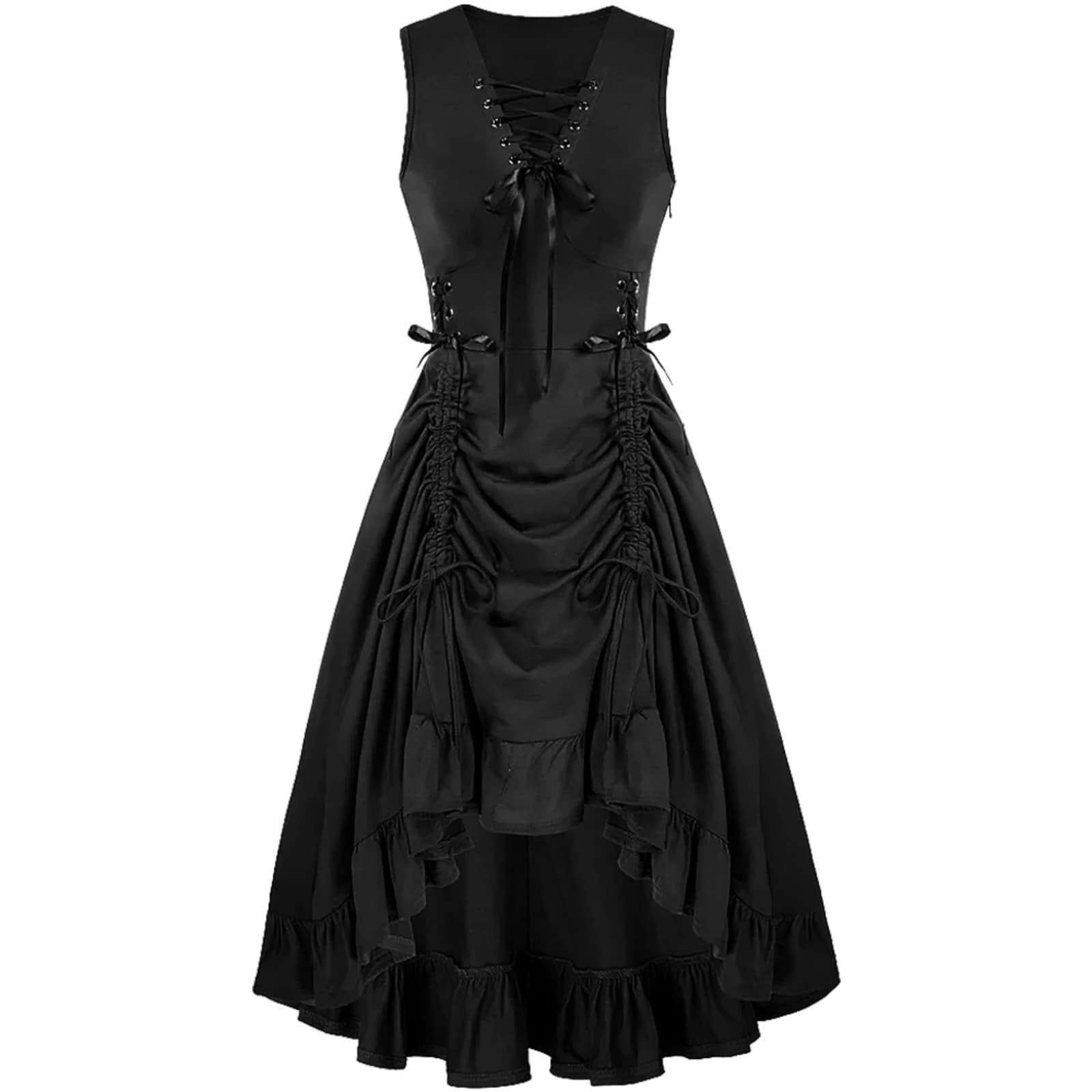 Women's Sleeveless Gothic Dress Ruched Goth Steampunk Halloween Costumes V Neck High Low Hem Cosplay Witch Dresses,Medieval Costume Tulle Dress For Women Gothic Black Women's Plus Size,u933l