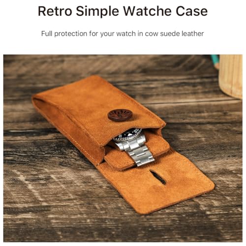 Image of CONTACT'S FAMILY Genuine Cow Suede Leather Watch Pouch, Travel Storage Case for 1 Watch with Wooden Button Closure & Microfiber Separator, Vintage Portable Organizer (Brown)