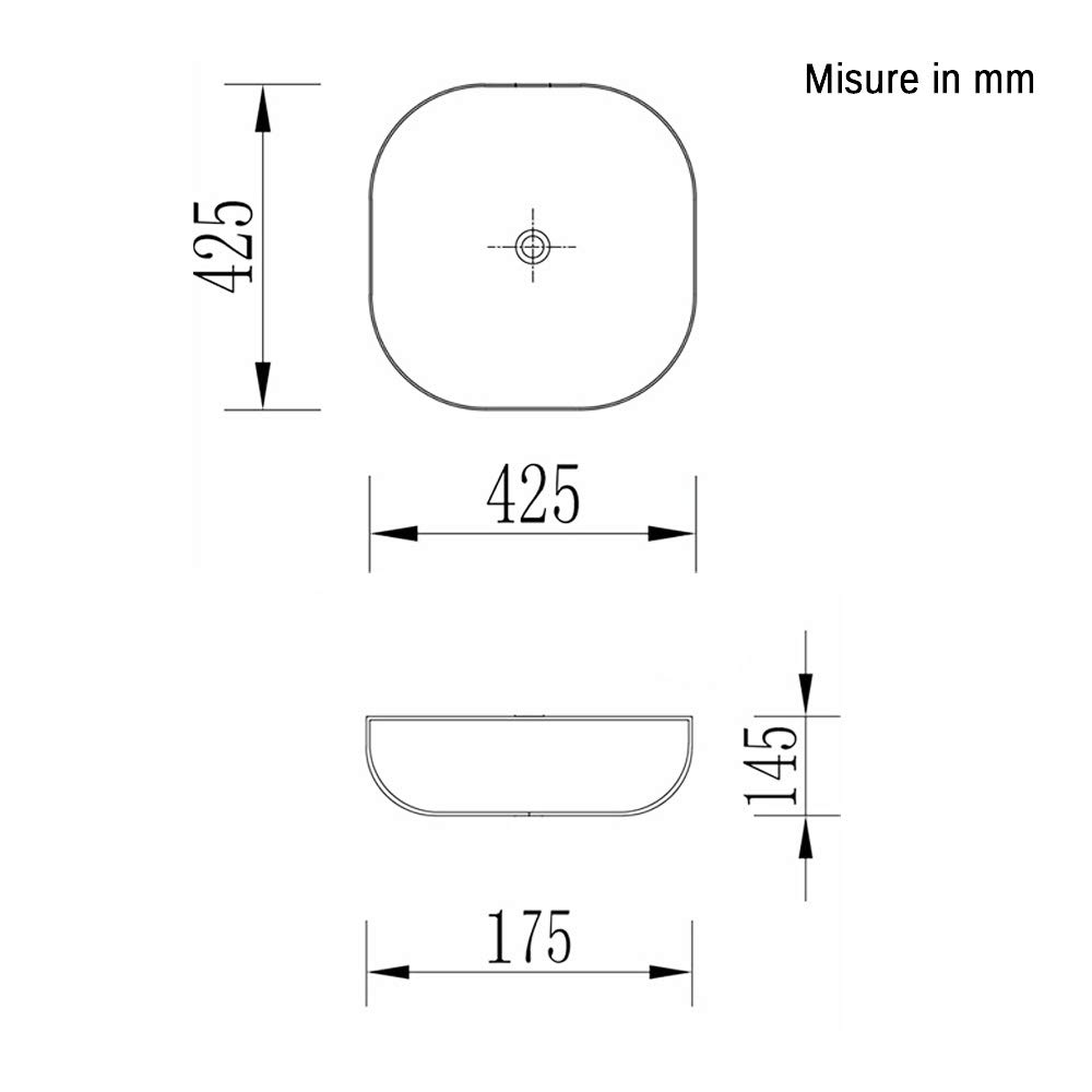 Inbagno Lavabo da appoggio Bianco Lucido in Ceramica, 42,5 x 42,5 x h.14,5 cm, Lavandino Bagno con Design Moderno