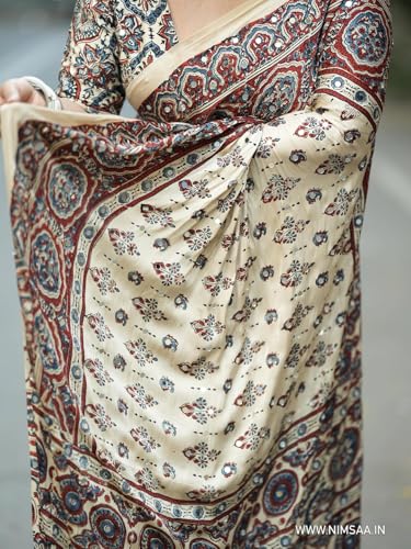Image of Ajrakh Print Saree, Cream, Cotton, Mirror Work Embellishment, Ethnic Style with Tassels